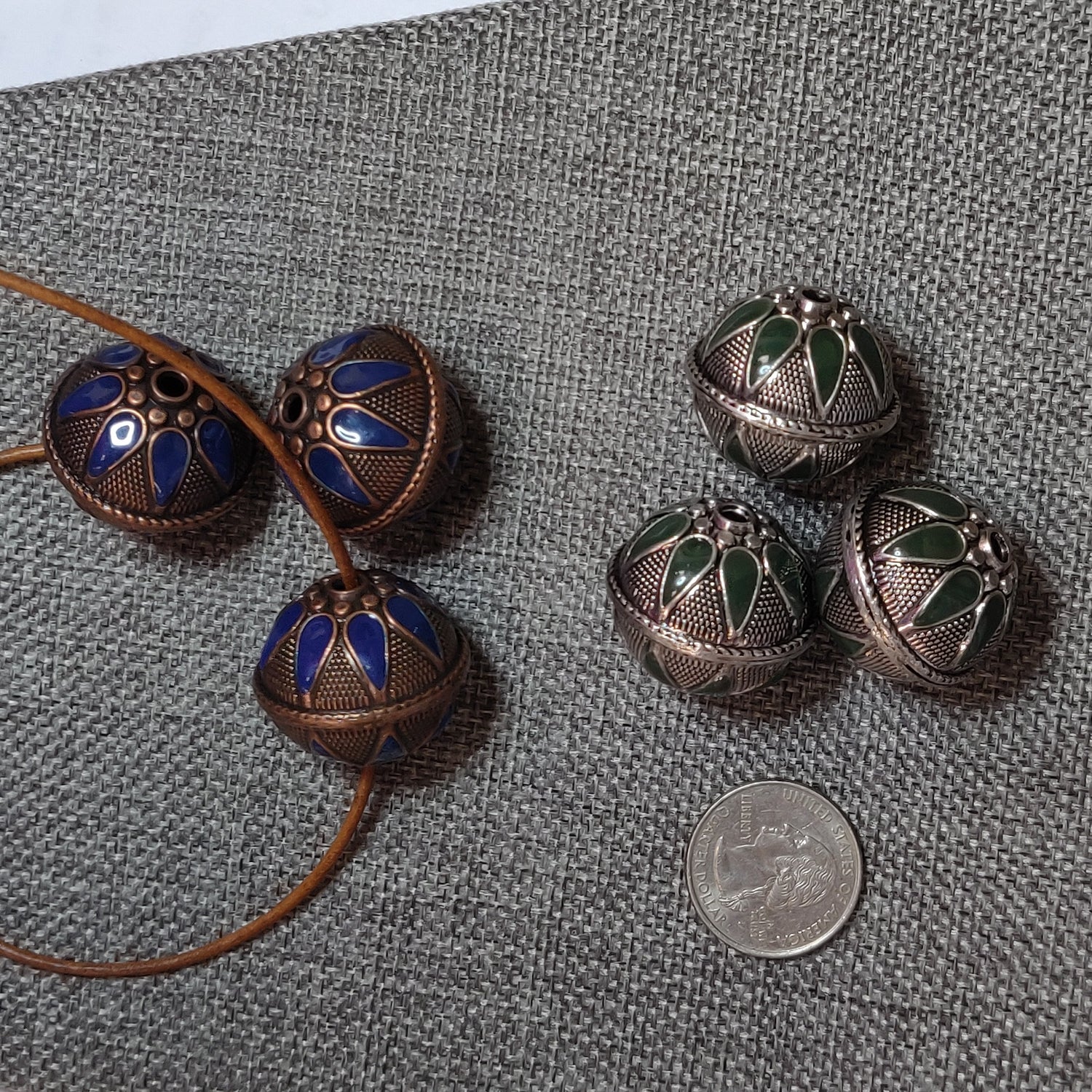 Turkmen metal beads x3; 27x29mm silver with green enamel x 3 beads