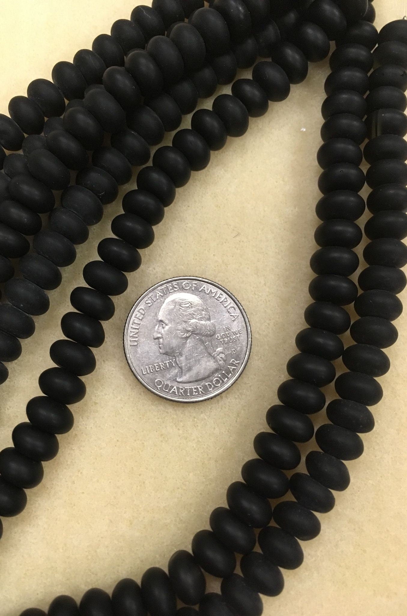 Black 8mm and 12mm matte Glass rondeles 8-inch strand