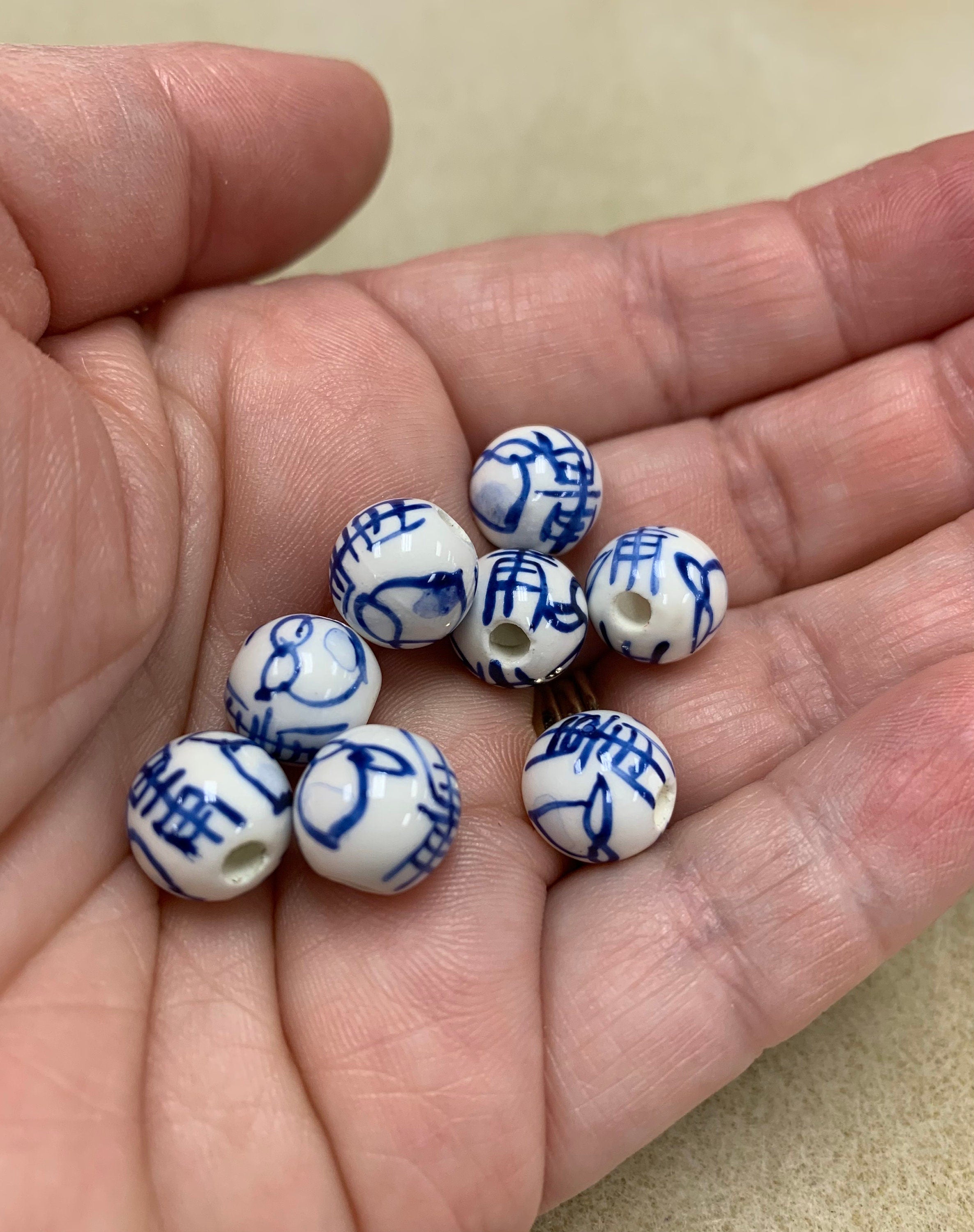 Porcelain Blue & White, 10mm Round bead; 8 beads per pkg,