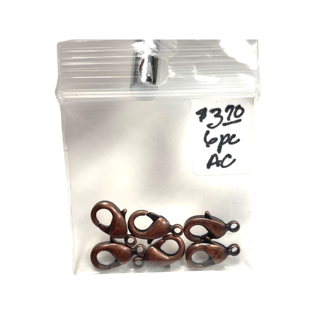 Lobster Claw Clasps, Antique Copper Plated 12mm x 7mm, 6 Pieces
