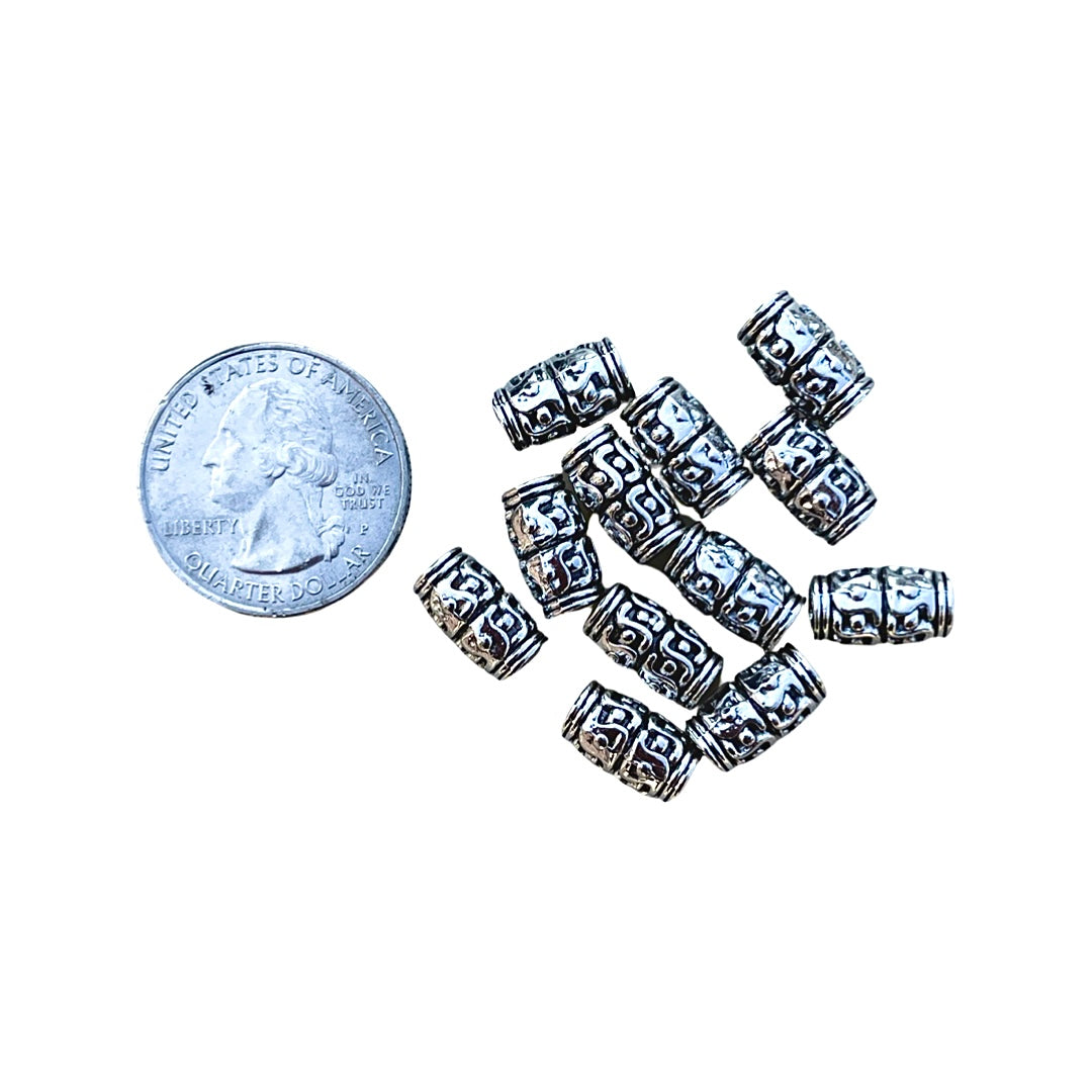 Tube Spacer Beads, Antique Silver Patterned 12 Pieces