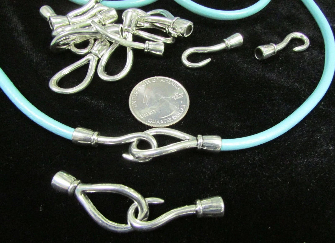 Leather End Hook &amp; Eye Clasp, silver 6 sets