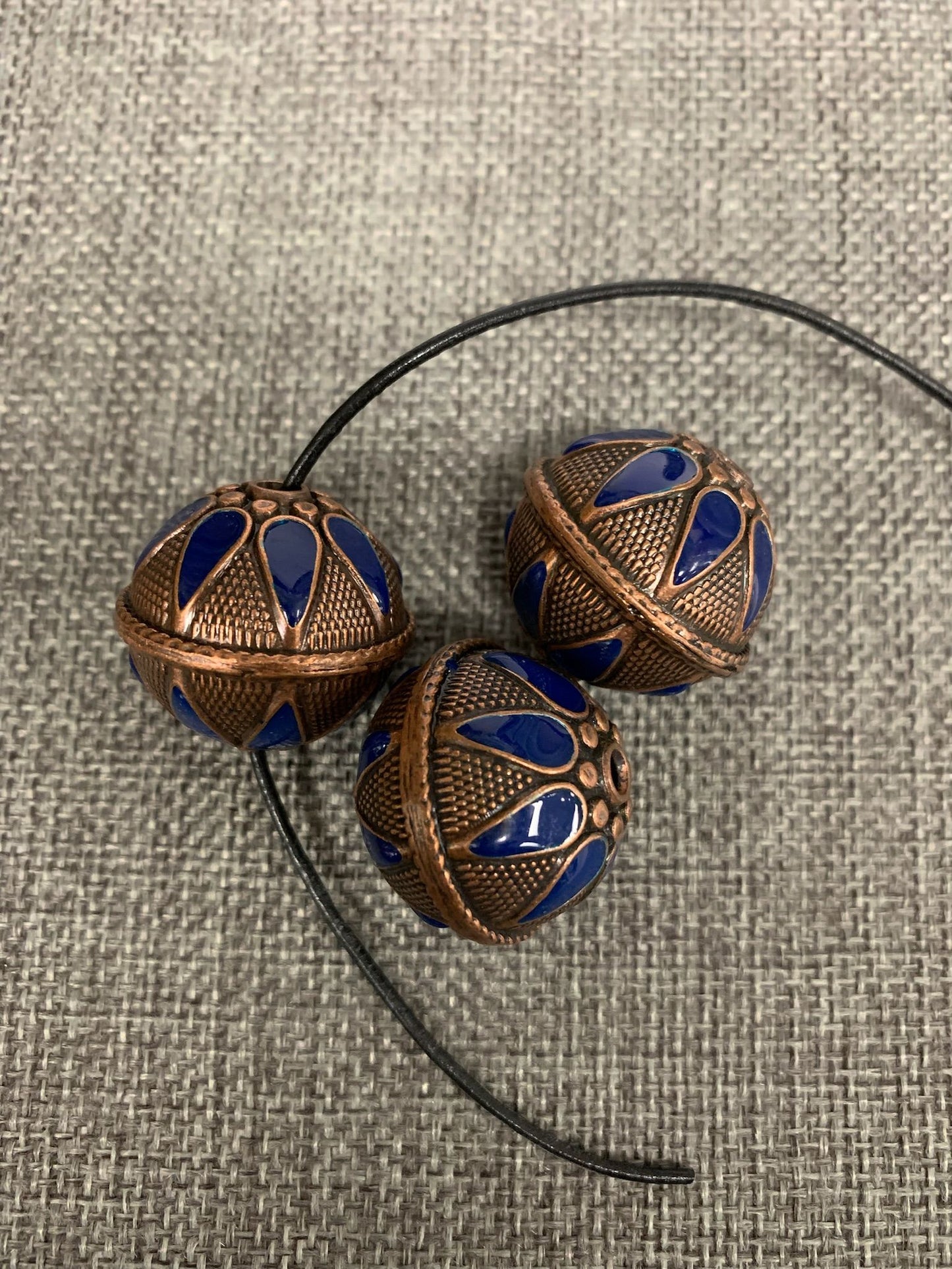 Turkman Metal Beads with Blue Enamel on Cooper x 3 beads