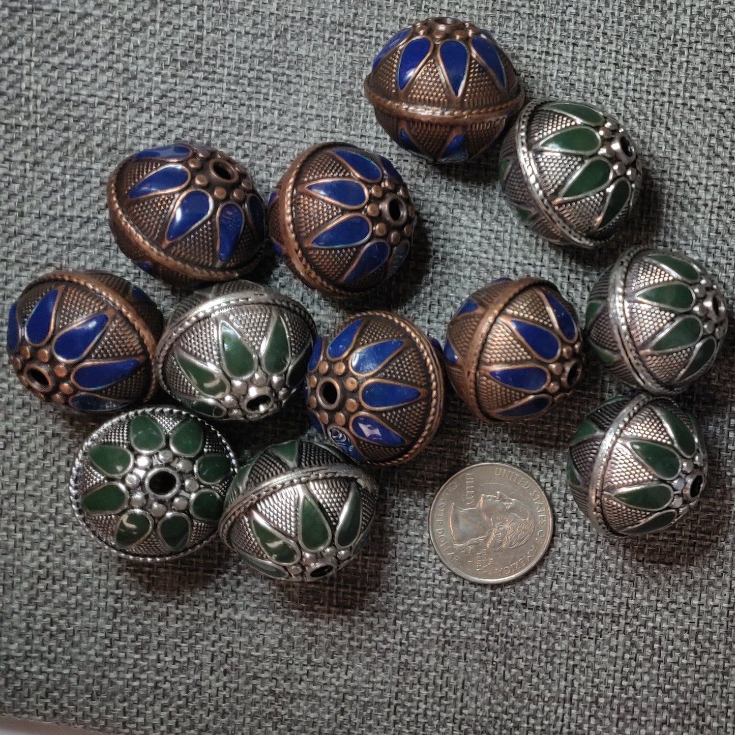 Turkmen metal beads x3; 27x29mm silver with green enamel x 3 beads
