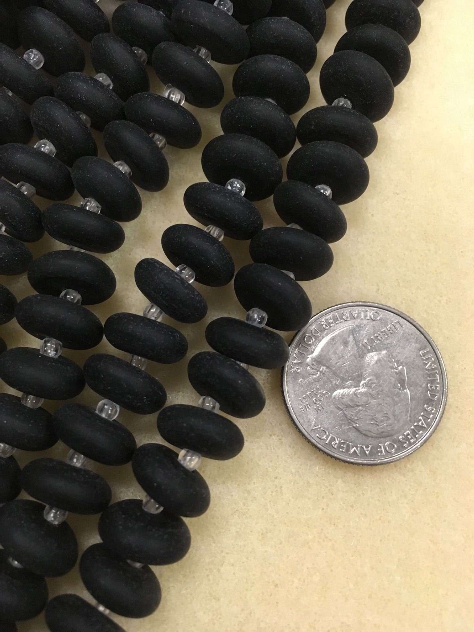Black 8mm and 12mm matte Glass rondeles 8-inch strand