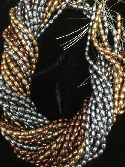 Glass Rice Pearl 6x4mm 3-strands &quot;Metal Craze&quot;