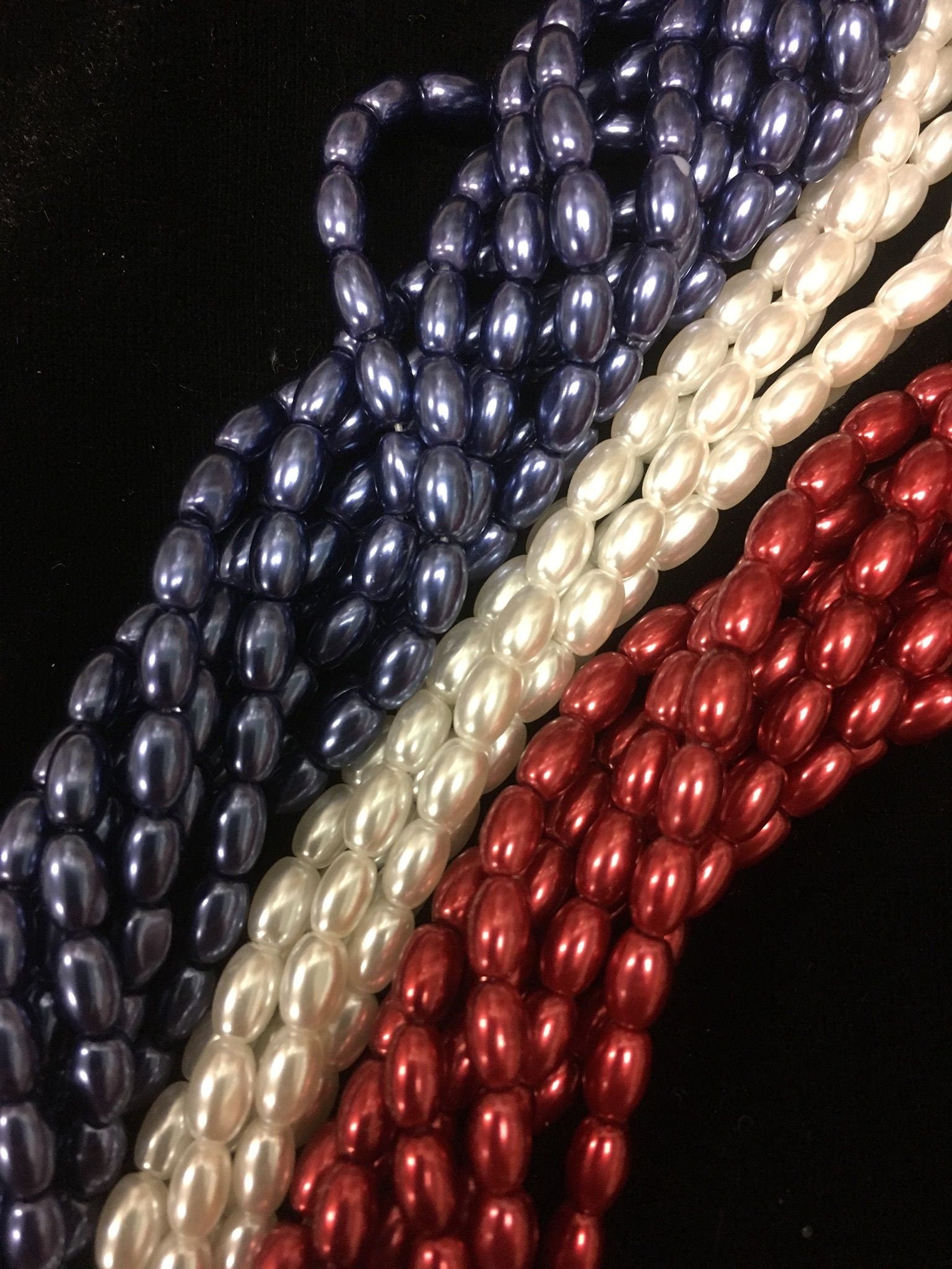 Glass Rice Pearl 6x4mm 3-strands &quot;Patriotic&quot;