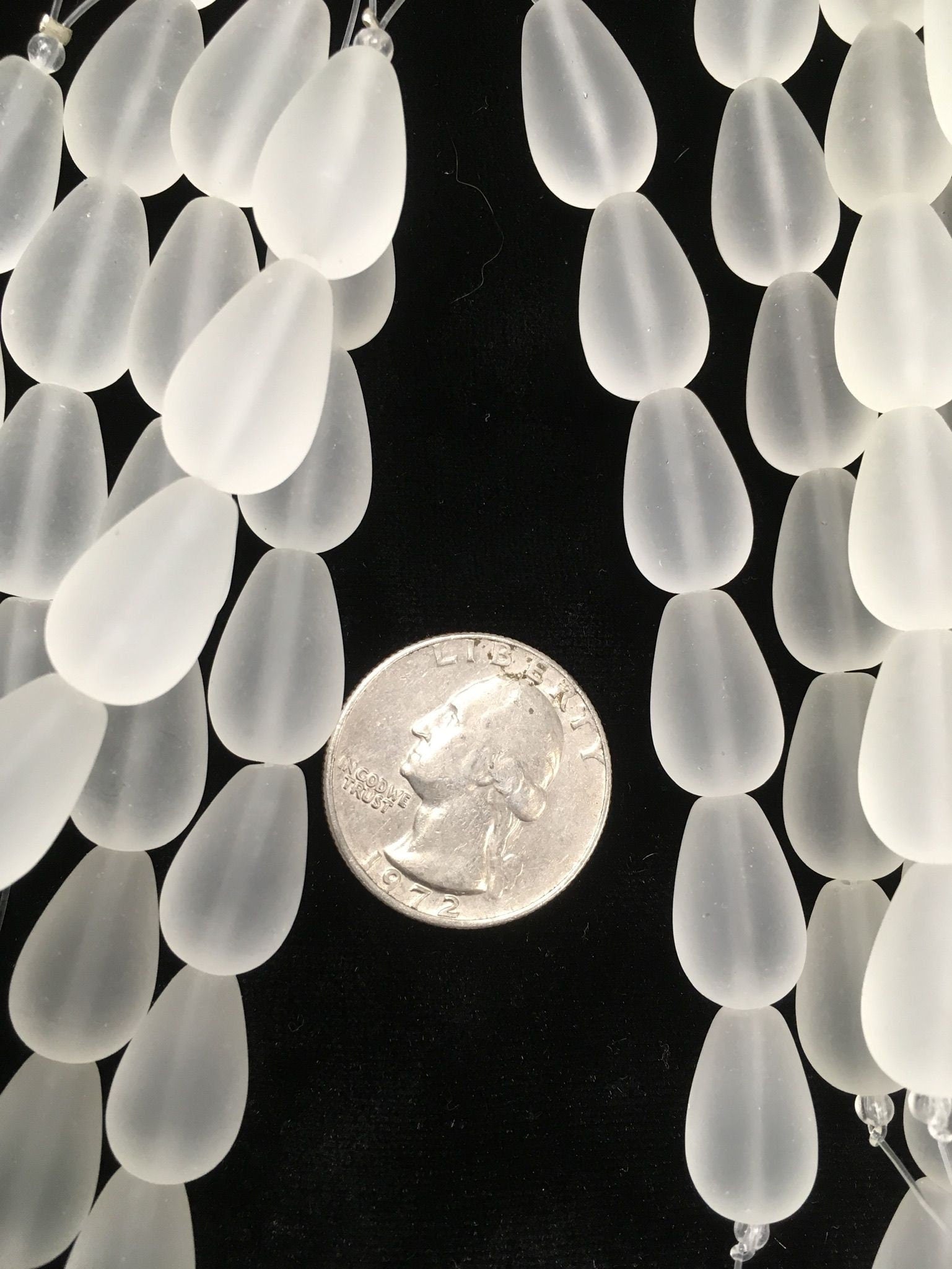 Teardrop Frosted matte clear Glass 18mm (2) 4 inch strands; sea glass simulation.