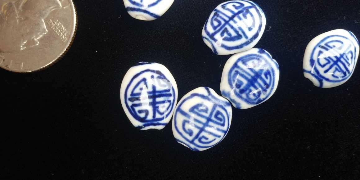 Blue & White Porcelain Oval-Coin beads 8pc with Asian Lettering / Longevity
