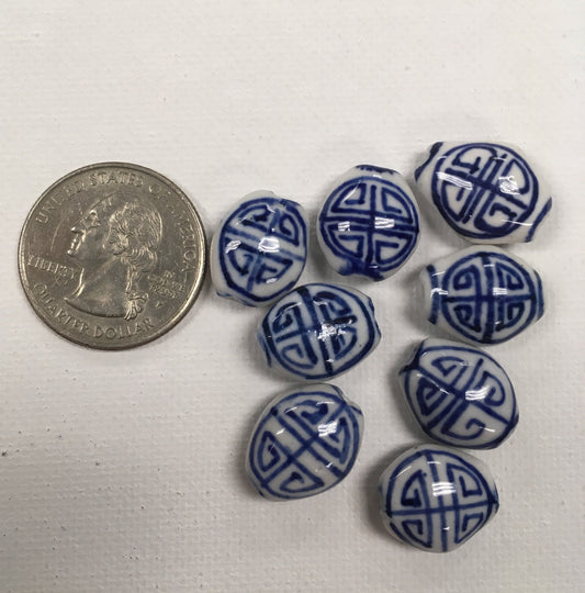 Blue & White Porcelain Oval-Coin beads 8pc with Asian Lettering / Longevity