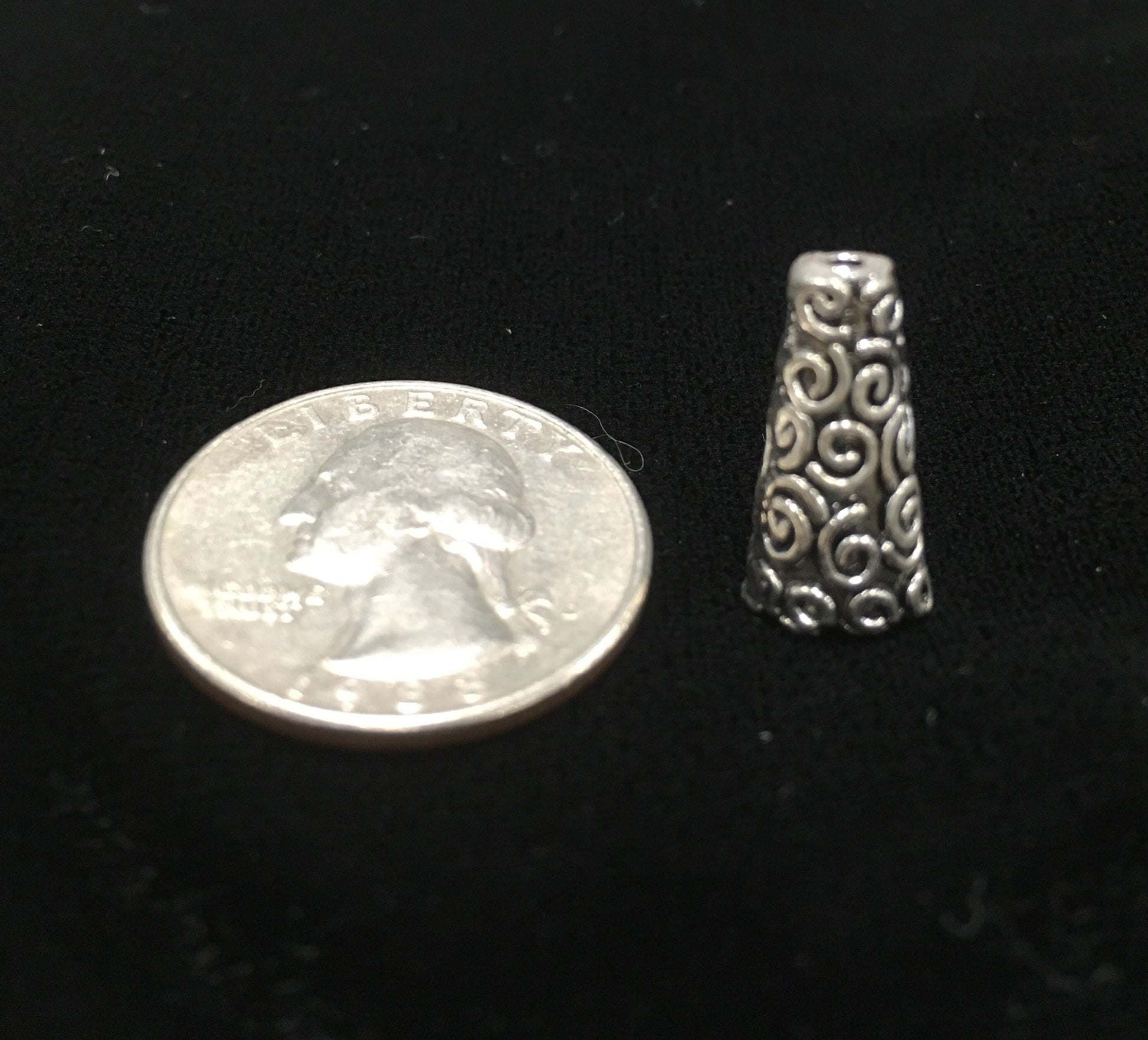 Bead Cones, Filigree swirl design 8-pieces, zinc pewter, 18x9mm