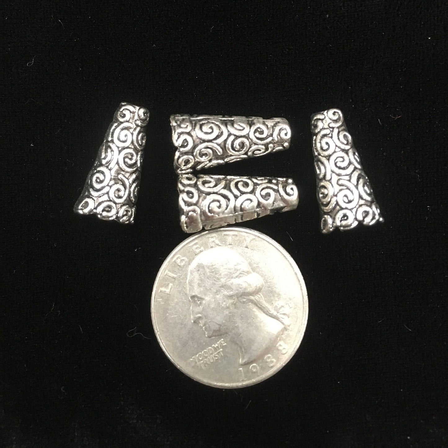 Bead Cones, Filigree swirl design 8-pieces, zinc pewter, 18x9mm