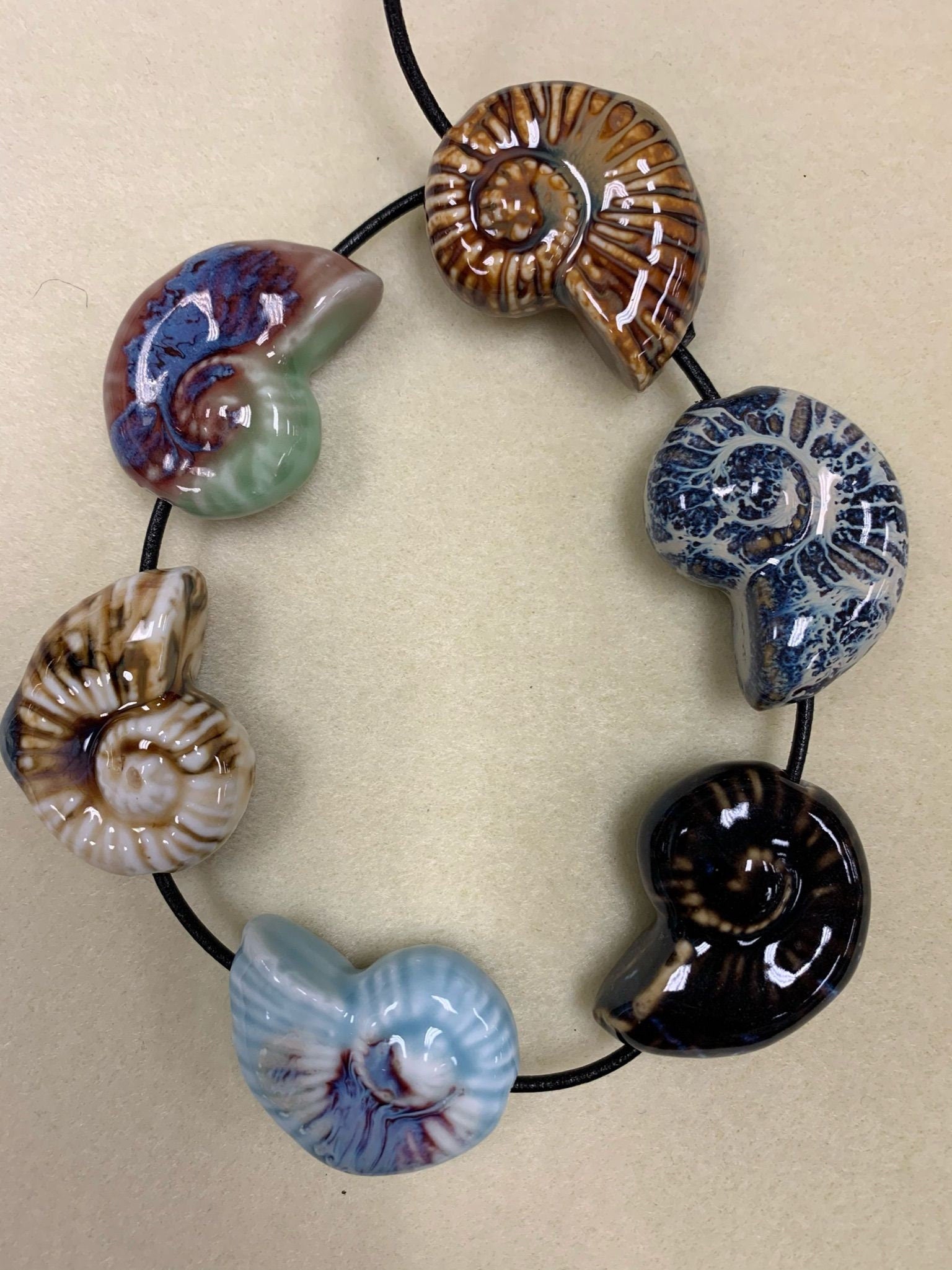 Ceramic Ammonite Pendant, 2 pc multi-color, center drilled #BE