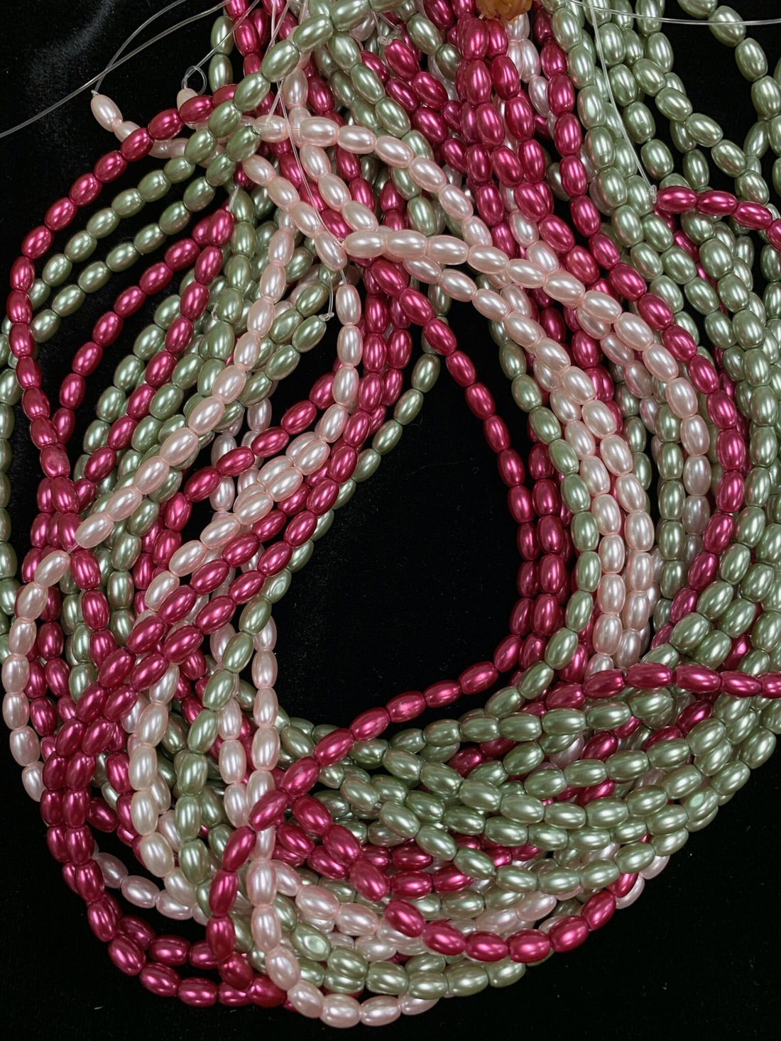 Glass Rice Pearl 6x4mm 3-strands &quot;Rose Garden&quot;