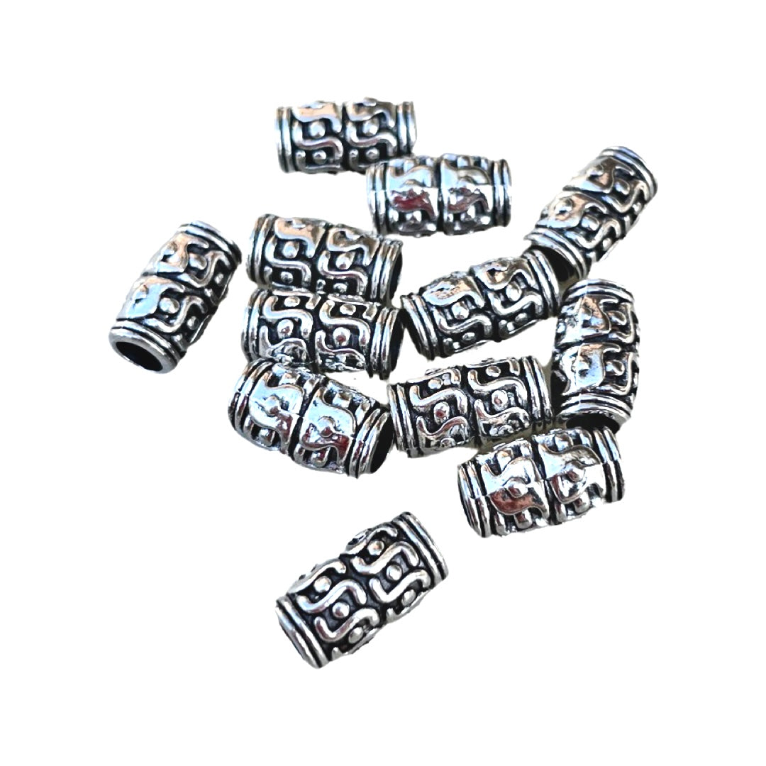 Tube Spacer Beads, Antique Silver Patterned 12 Pieces